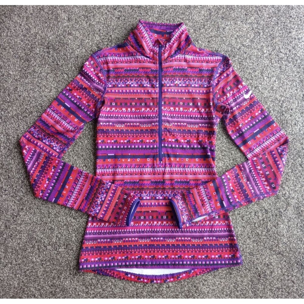 Nike Pro Pullover Womens XS Orange Purple Geometric Dri Fit Quarter zip